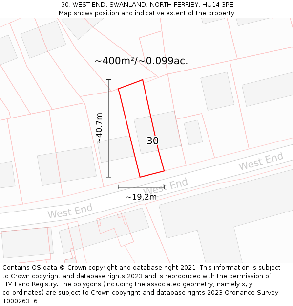 30, WEST END, SWANLAND, NORTH FERRIBY, HU14 3PE: Plot and title map