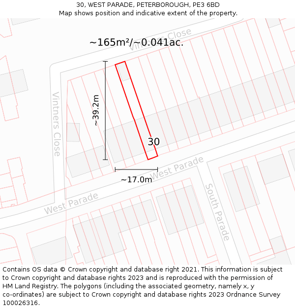 30, WEST PARADE, PETERBOROUGH, PE3 6BD: Plot and title map