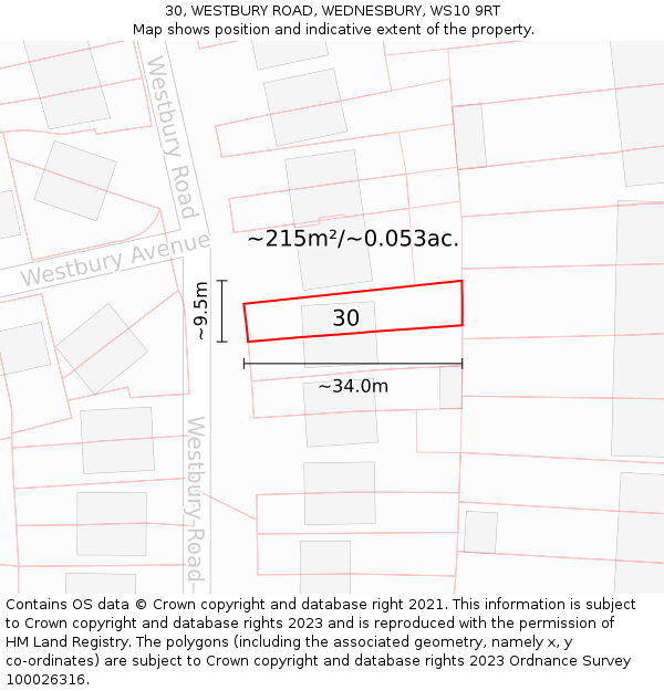 30, WESTBURY ROAD, WEDNESBURY, WS10 9RT: Plot and title map