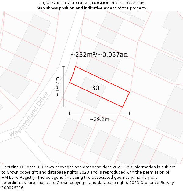 30, WESTMORLAND DRIVE, BOGNOR REGIS, PO22 8NA: Plot and title map