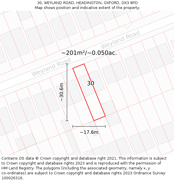 30, WEYLAND ROAD, HEADINGTON, OXFORD, OX3 8PD: Plot and title map