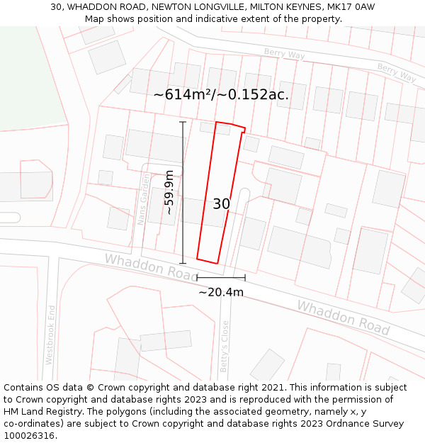 30, WHADDON ROAD, NEWTON LONGVILLE, MILTON KEYNES, MK17 0AW: Plot and title map