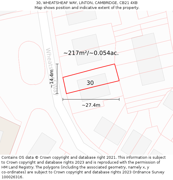 30, WHEATSHEAF WAY, LINTON, CAMBRIDGE, CB21 4XB: Plot and title map