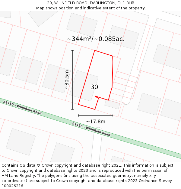 30, WHINFIELD ROAD, DARLINGTON, DL1 3HR: Plot and title map