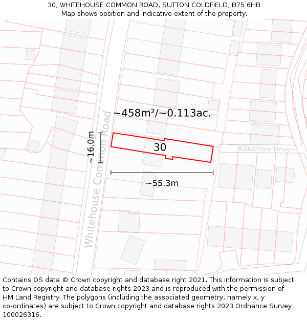 30, WHITEHOUSE COMMON ROAD, SUTTON COLDFIELD, B75 6HB: Plot and title map