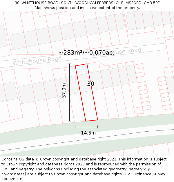 30, WHITEHOUSE ROAD, SOUTH WOODHAM FERRERS, CHELMSFORD, CM3 5PF: Plot and title map