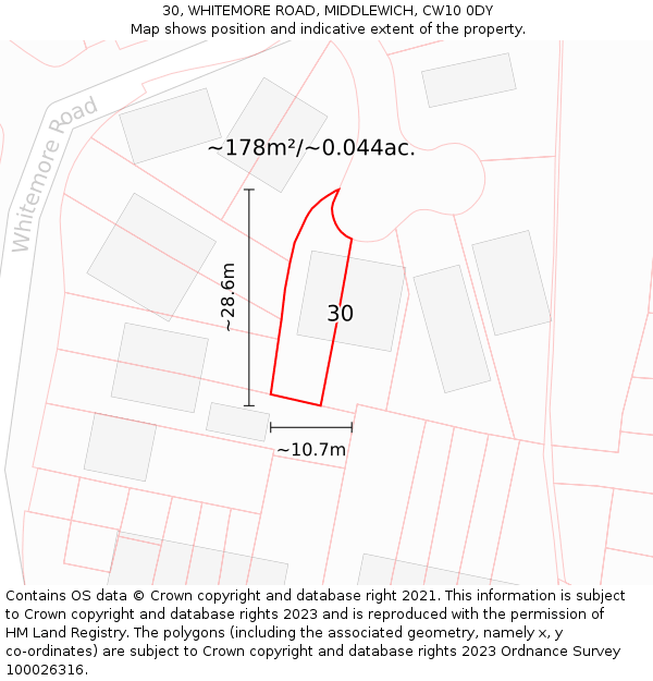 30, WHITEMORE ROAD, MIDDLEWICH, CW10 0DY: Plot and title map