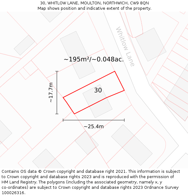 30, WHITLOW LANE, MOULTON, NORTHWICH, CW9 8QN: Plot and title map