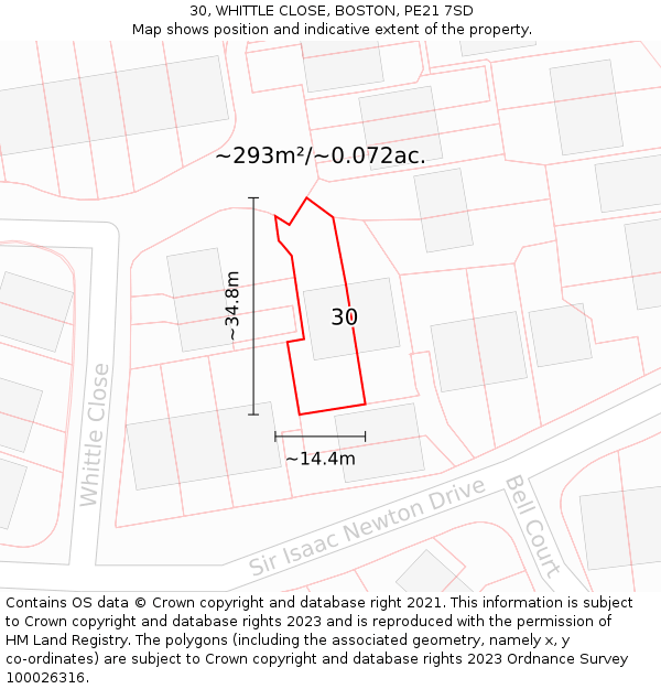 30, WHITTLE CLOSE, BOSTON, PE21 7SD: Plot and title map