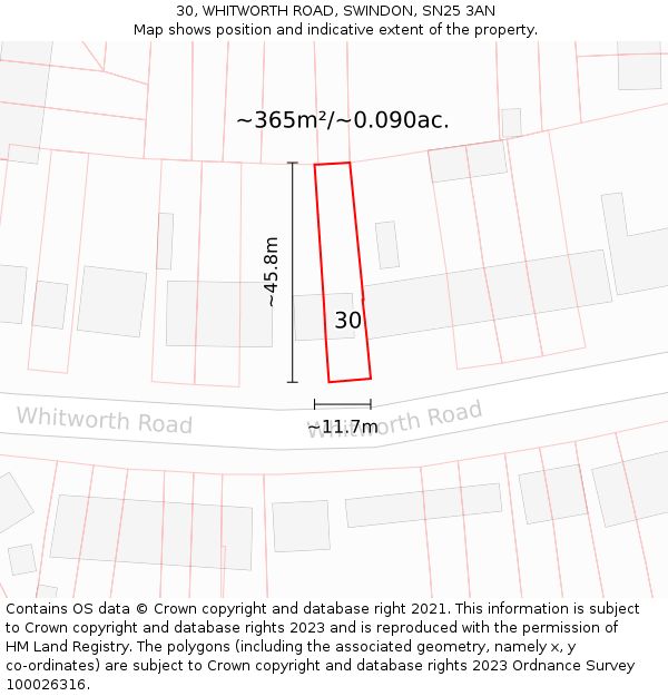 30, WHITWORTH ROAD, SWINDON, SN25 3AN: Plot and title map