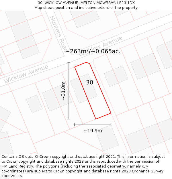 30, WICKLOW AVENUE, MELTON MOWBRAY, LE13 1DX: Plot and title map