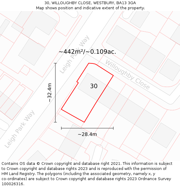 30, WILLOUGHBY CLOSE, WESTBURY, BA13 3GA: Plot and title map