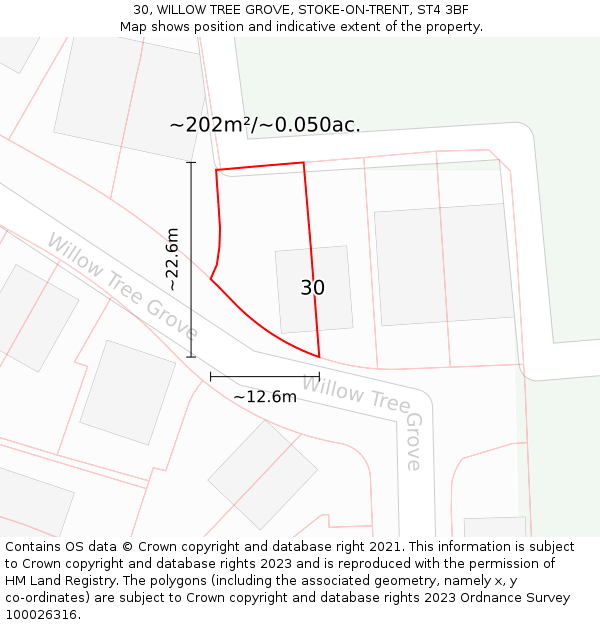 30, WILLOW TREE GROVE, STOKE-ON-TRENT, ST4 3BF: Plot and title map