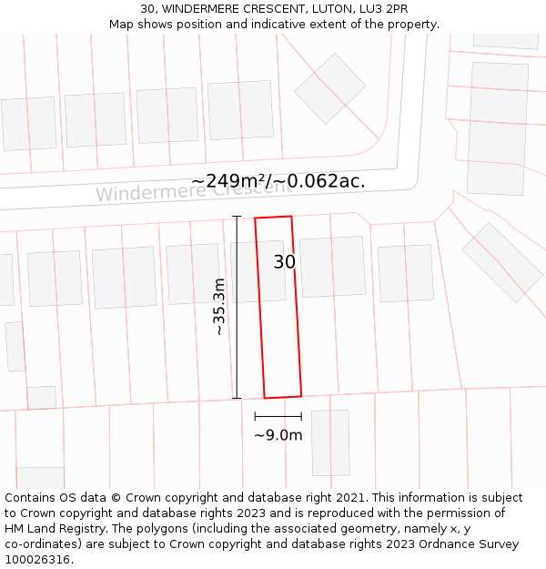 30, WINDERMERE CRESCENT, LUTON, LU3 2PR: Plot and title map