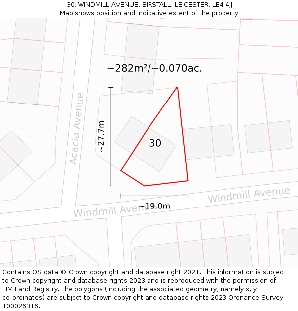 30, WINDMILL AVENUE, BIRSTALL, LEICESTER, LE4 4JJ: Plot and title map