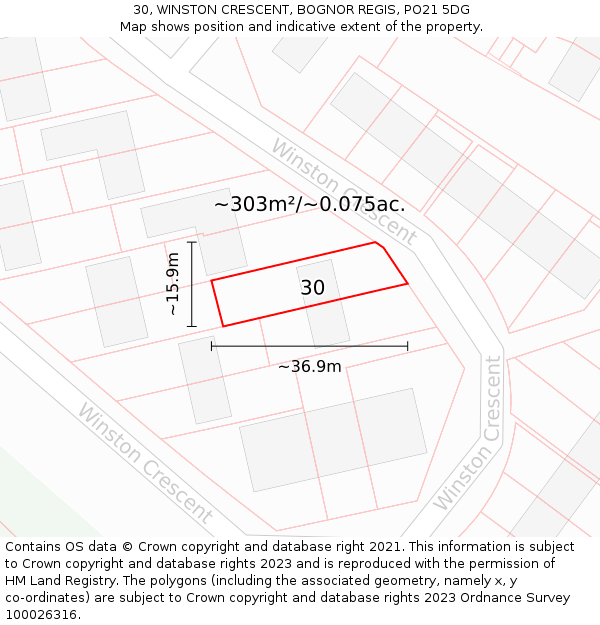 30, WINSTON CRESCENT, BOGNOR REGIS, PO21 5DG: Plot and title map