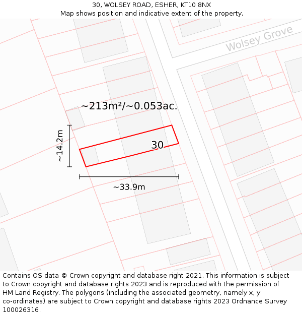 30, WOLSEY ROAD, ESHER, KT10 8NX: Plot and title map