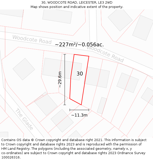 30, WOODCOTE ROAD, LEICESTER, LE3 2WD: Plot and title map