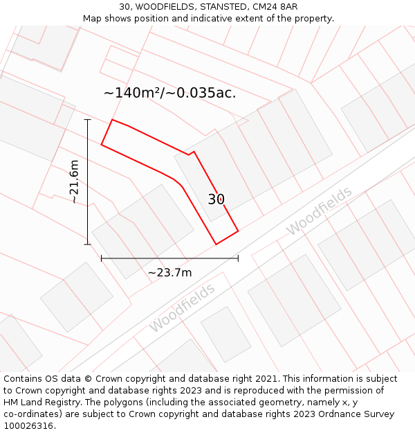 30, WOODFIELDS, STANSTED, CM24 8AR: Plot and title map