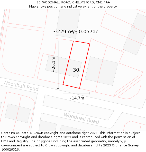 30, WOODHALL ROAD, CHELMSFORD, CM1 4AA: Plot and title map