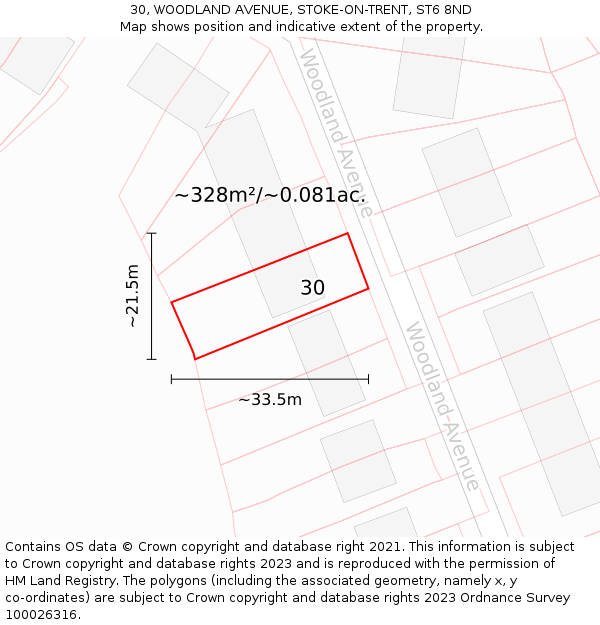 30, WOODLAND AVENUE, STOKE-ON-TRENT, ST6 8ND: Plot and title map