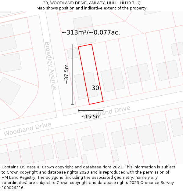 30, WOODLAND DRIVE, ANLABY, HULL, HU10 7HQ: Plot and title map