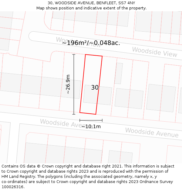 30, WOODSIDE AVENUE, BENFLEET, SS7 4NY: Plot and title map