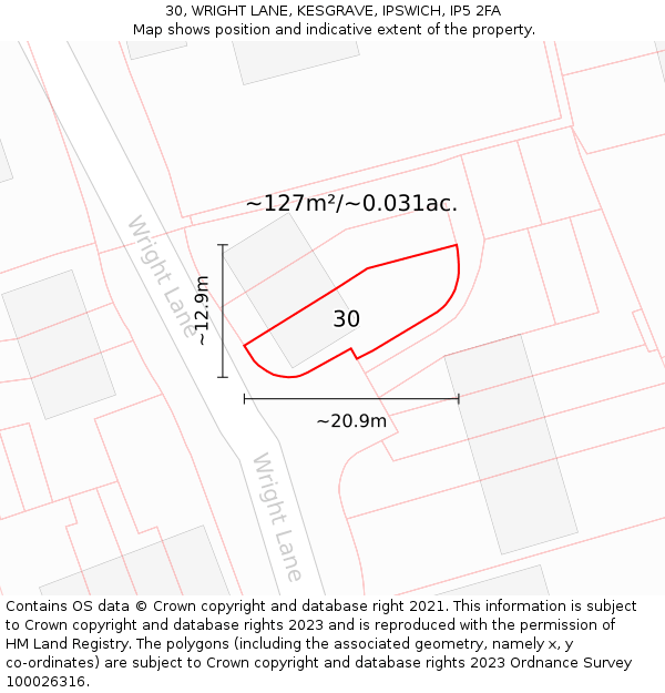 30, WRIGHT LANE, KESGRAVE, IPSWICH, IP5 2FA: Plot and title map