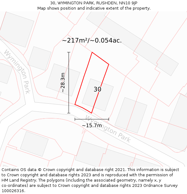 30, WYMINGTON PARK, RUSHDEN, NN10 9JP: Plot and title map