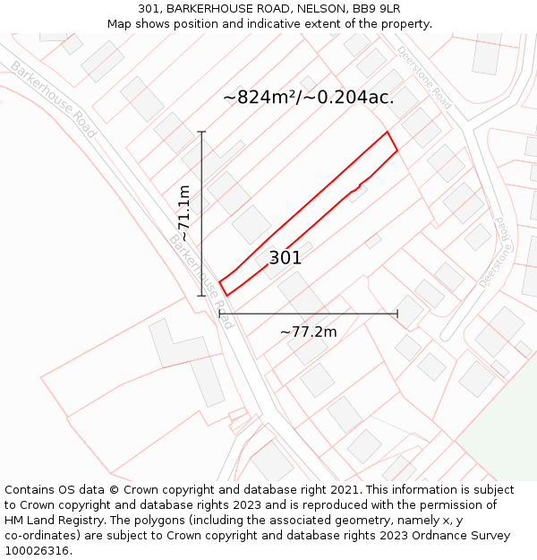 301, BARKERHOUSE ROAD, NELSON, BB9 9LR: Plot and title map