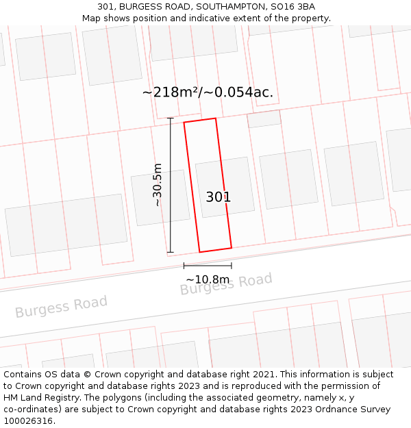 301, BURGESS ROAD, SOUTHAMPTON, SO16 3BA: Plot and title map