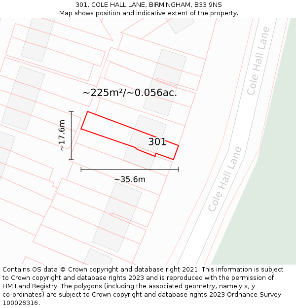 301, COLE HALL LANE, BIRMINGHAM, B33 9NS: Plot and title map