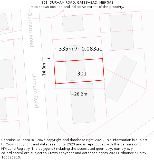 301, DURHAM ROAD, GATESHEAD, NE9 5AE: Plot and title map