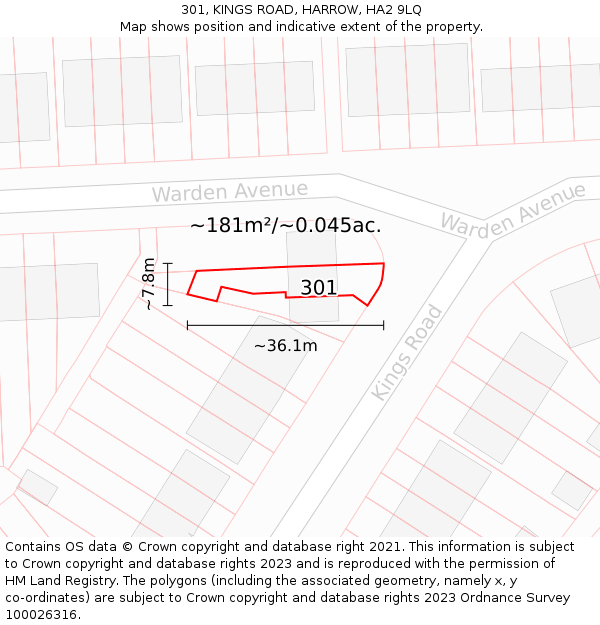 301, KINGS ROAD, HARROW, HA2 9LQ: Plot and title map