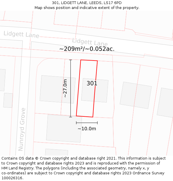 301, LIDGETT LANE, LEEDS, LS17 6PD: Plot and title map