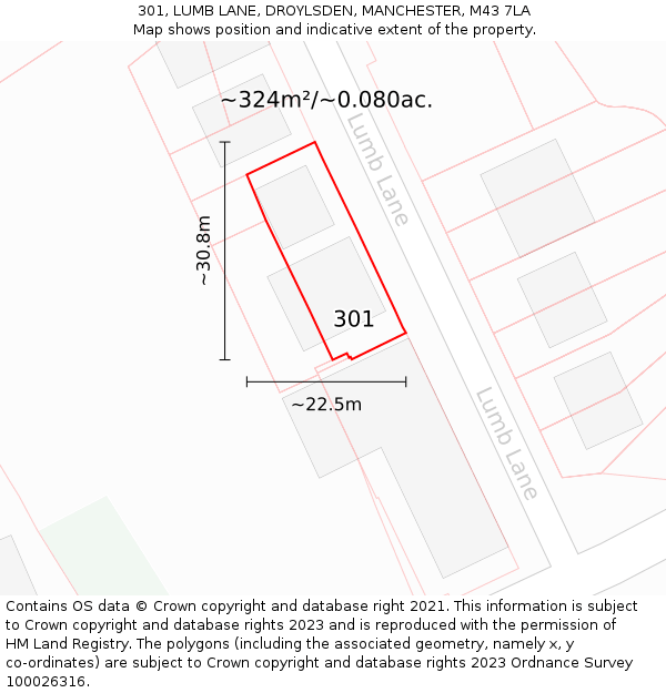 301, LUMB LANE, DROYLSDEN, MANCHESTER, M43 7LA: Plot and title map