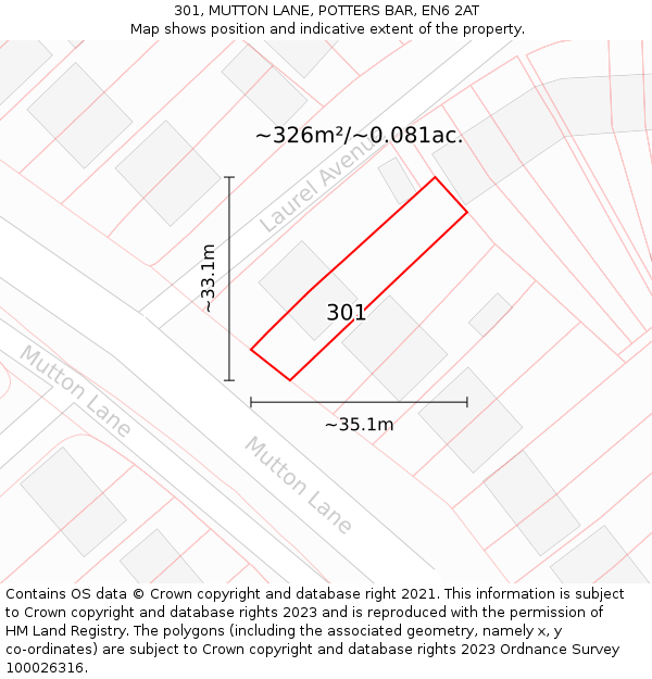 301, MUTTON LANE, POTTERS BAR, EN6 2AT: Plot and title map