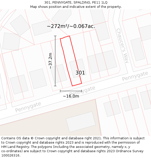 301, PENNYGATE, SPALDING, PE11 1LQ: Plot and title map