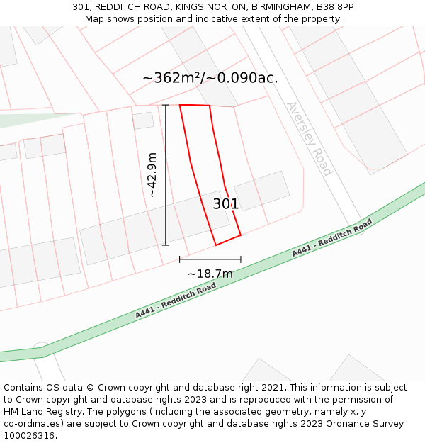 301, REDDITCH ROAD, KINGS NORTON, BIRMINGHAM, B38 8PP: Plot and title map