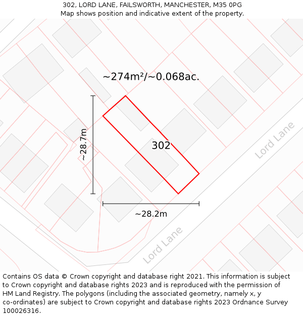 302, LORD LANE, FAILSWORTH, MANCHESTER, M35 0PG: Plot and title map