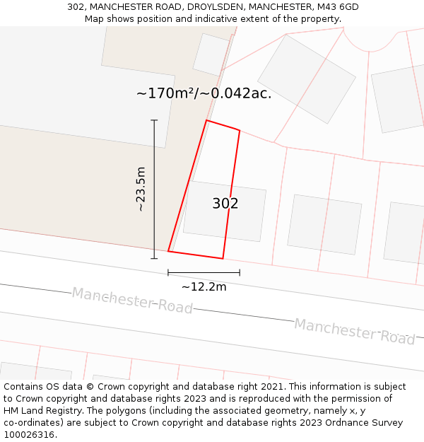 302, MANCHESTER ROAD, DROYLSDEN, MANCHESTER, M43 6GD: Plot and title map