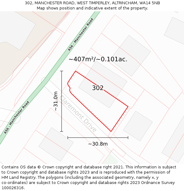 302, MANCHESTER ROAD, WEST TIMPERLEY, ALTRINCHAM, WA14 5NB: Plot and title map