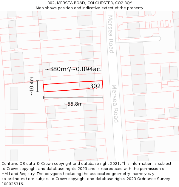 302, MERSEA ROAD, COLCHESTER, CO2 8QY: Plot and title map