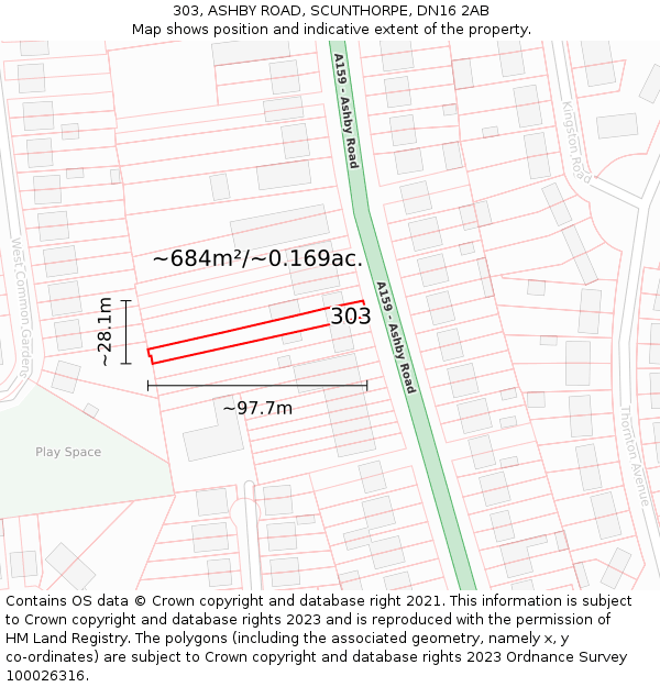 303, ASHBY ROAD, SCUNTHORPE, DN16 2AB: Plot and title map