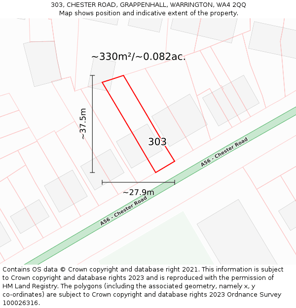 303, CHESTER ROAD, GRAPPENHALL, WARRINGTON, WA4 2QQ: Plot and title map