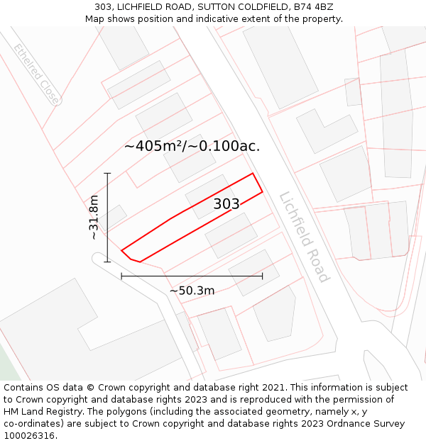 303, LICHFIELD ROAD, SUTTON COLDFIELD, B74 4BZ: Plot and title map