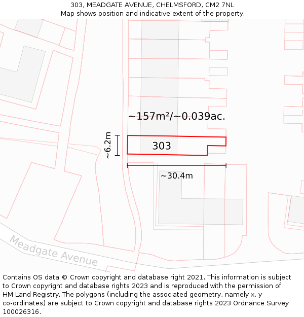 303, MEADGATE AVENUE, CHELMSFORD, CM2 7NL: Plot and title map