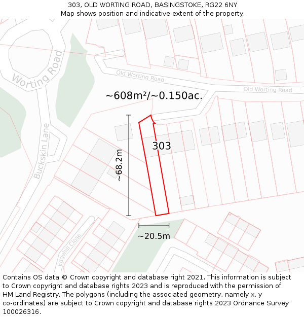 303, OLD WORTING ROAD, BASINGSTOKE, RG22 6NY: Plot and title map