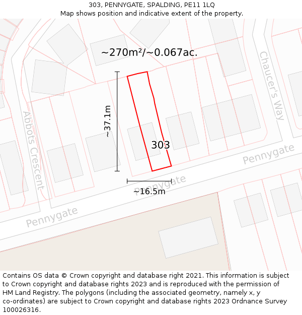 303, PENNYGATE, SPALDING, PE11 1LQ: Plot and title map