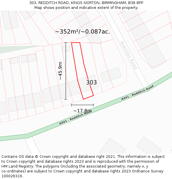 303, REDDITCH ROAD, KINGS NORTON, BIRMINGHAM, B38 8PP: Plot and title map